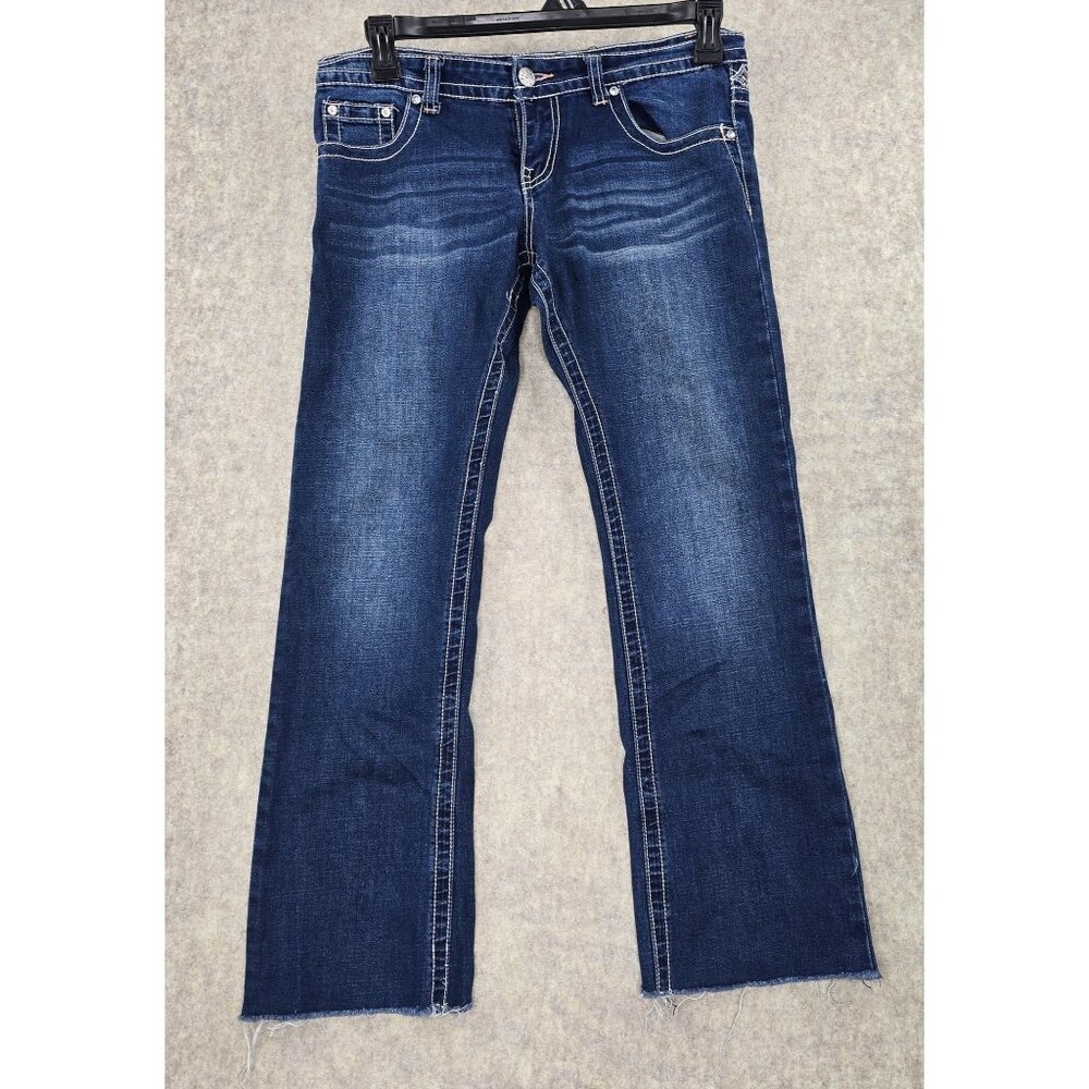 Rue21 Premiere Womens Frayed Hem Denim Bootcut Jeans Blue Embroidered Pockets